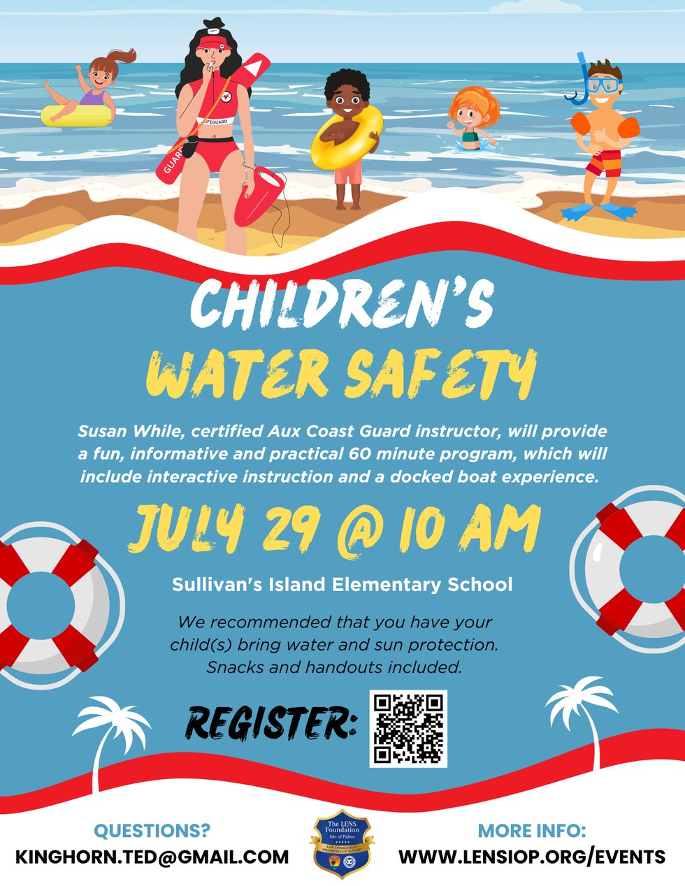 LENS Children's water safety program - July 29 flyer with QR code